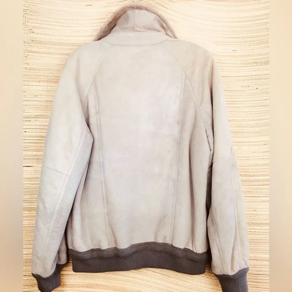 100% Gewachsenes Lammfell Suede Shearling Aviator Bomber Jacket Taupe Sz 50-US M